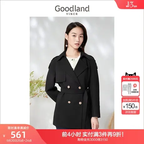 音儿美地女装2023春季新款一手长显瘦黑色双排扣麻混纺风衣商品大图