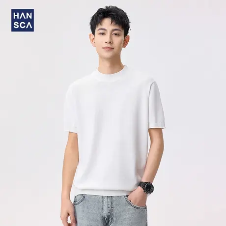 hansca高级感小领口短袖毛衣男2025夏季纯棉透气商务休闲针织衫商品大图