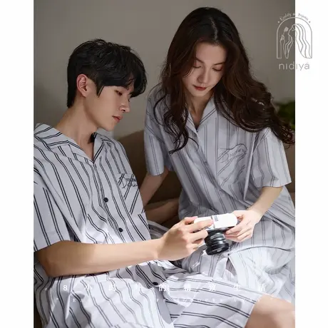 妮狄娅情侣夏季薄款柔软棉睡衣女条纹睡裙男短袖开衫款家居服套装商品大图