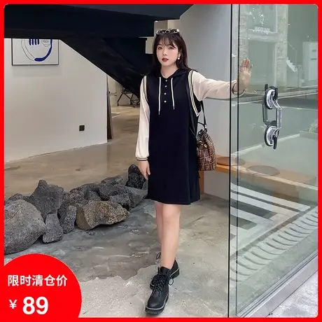 2023年秋新款韩版宽松休闲直筒遮肉显瘦大码胖妹妹连衣裙针织连帽商品大图