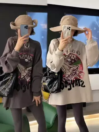 欧货2023秋季新款飞机图案印花宽松大版圆领长袖卫衣女ins潮上衣商品大图