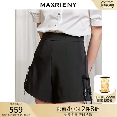MAXRIENY国风盘扣微喇裤夏季黑色蝴蝶结休闲短裤商品大图