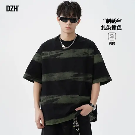 男士撞色条纹短袖男款美式刺绣t恤男2025新款夏季半袖上衣情侣装商品大图
