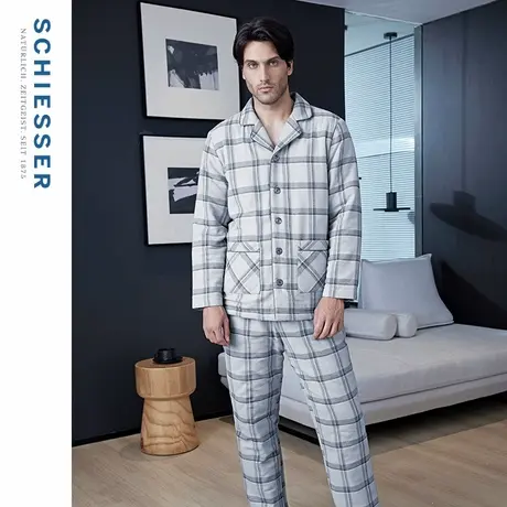 SCHIESSER舒雅男士夹棉三层布格子小翻领睡衣家居服套装21788H图片