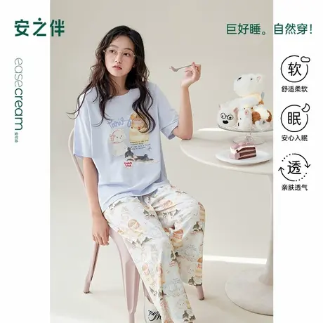 安之伴【巨凉感】2025新款睡衣女夏季纯棉家居服短袖长裤休闲套装商品大图