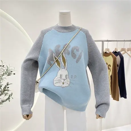 半高领毛衣女秋冬宽松加厚保暖设计感小众兔子卡通图案针织衫上衣图片