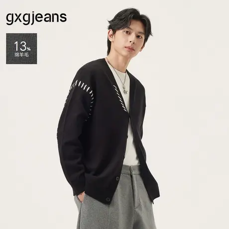 gxg.jeans男装 黑色撞色宽松休闲保暖针织衫开衫外套男25年秋新品图片