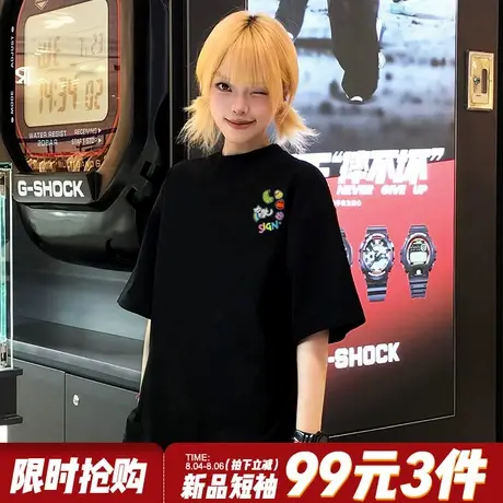 美式小众设计感街头潮牌黑色短袖t恤女大版显瘦休闲正肩半袖上衣商品大图