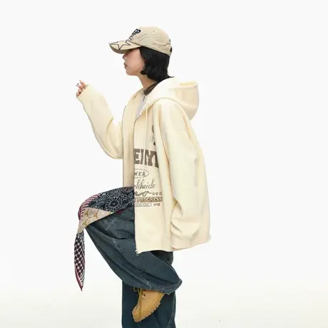美式复古字母印花连帽拉链开衫卫衣外套女春秋新款宽松情侣款上衣商品大图