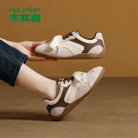 木林森女鞋2025新款秋季软底拼色阿甘鞋复古德训鞋女士圆头休闲鞋图片