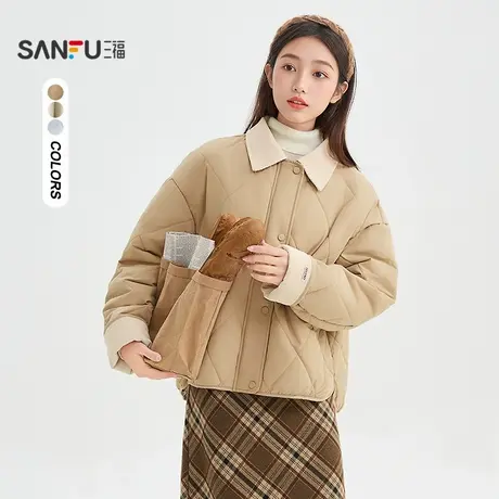 三福棉衣2025冬季撞色灯芯绒口袋菱形格宽松外套女装845249商品大图