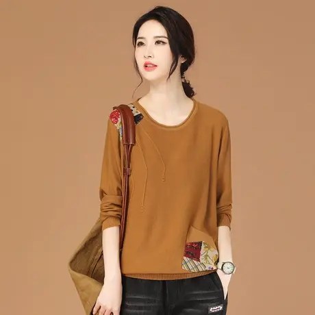 韩潮袭人复古圆领拼接长袖针织衫女2023秋冬新款休闲宽松百搭毛衣商品大图