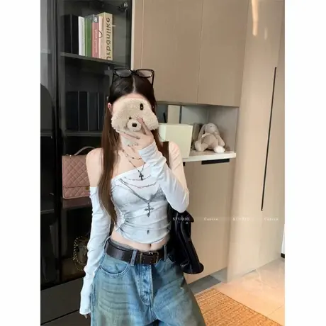 美式白色辣妹斜肩长袖t恤女春季比基尼印花修身显瘦性感露肩上衣商品大图