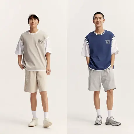 森马短袖T恤男时尚假两件上衣夏季oversize运动球服潮流撞色印XY商品大图