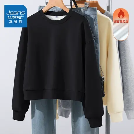 NOE真维斯黑色卫衣女2025新款秋季爆款青少年宽松休闲短款上衣商品大图