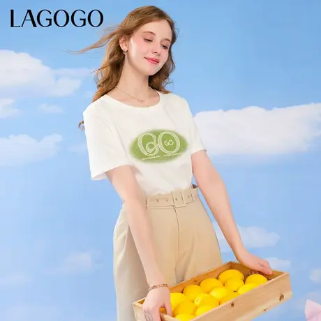 LAGOGO正肩撞色印花T恤女拉谷谷夏季新款休闲百搭通勤白色短袖商品大图