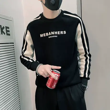 加绒卫衣秋冬撞色拼接外套休闲2023新款个性穿搭长袖字母T恤上衣商品大图