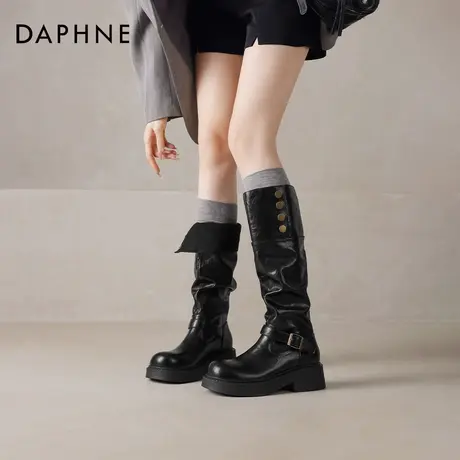 达芙妮黑色长筒靴秋冬厚底高筒靴女2025新款两穿增高骑士堆堆长靴图片