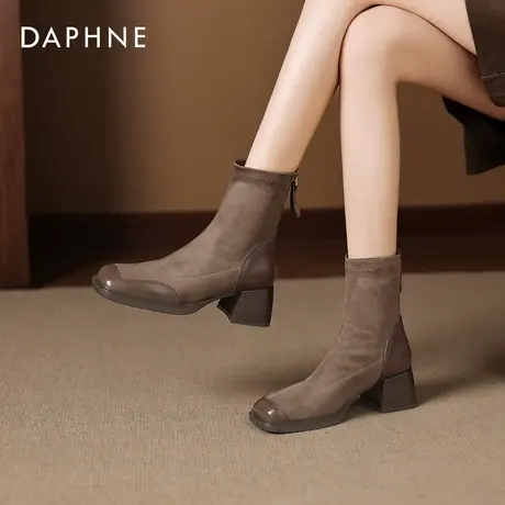 达芙妮高跟短靴女2025新款冬季粗跟弹力瘦瘦袜靴棕色高级感马丁靴图片