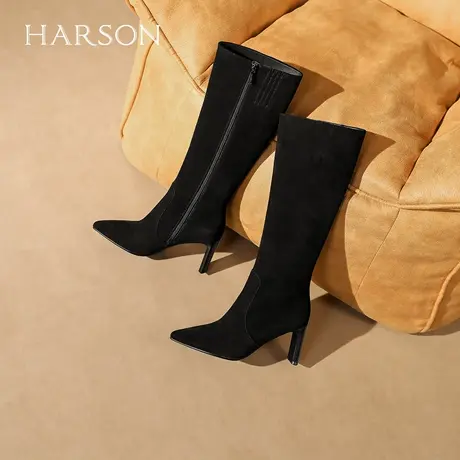 哈森尖头黑色绒面高跟高筒靴百搭显瘦女长靴2025冬新品HA259931图片