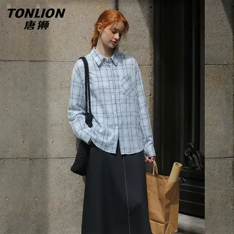 唐狮官方长袖格子衬衫外套女2026新款春秋款女士宽松显瘦上衣女VB图片