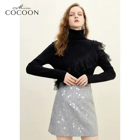 missCOCOON气质仙女毛衣2023冬装新款女装粉色网纱荷叶边针织衫商品大图