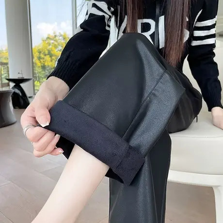 PU皮阔腿裤女秋冬小个子九分裤子宽松直筒垂感显瘦休闲加薄绒皮裤商品大图