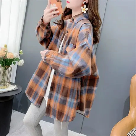 中长款加绒加厚格子衬衫女秋冬2023新款宽松港味复古百搭外套上衣商品大图