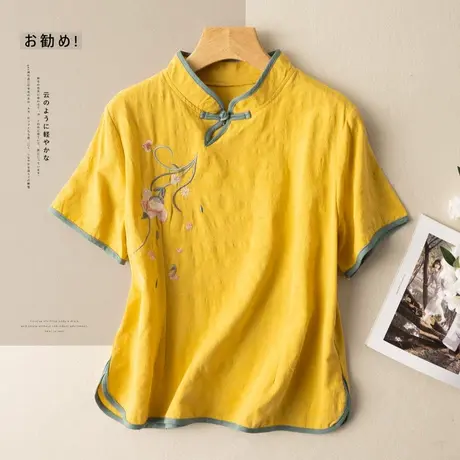 短袖棉麻T恤女斜襟盘扣文艺复古亚麻上衣2022夏季新款中国风茶服商品大图