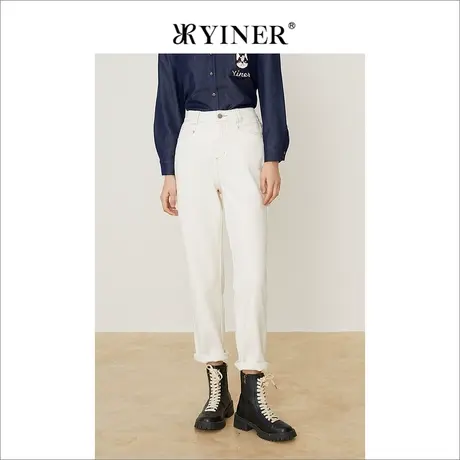 YINER音儿商场同款女装2021冬季新款高腰修身小白裤牛仔裤商品大图