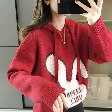 连帽针织衫女士秋冬季2023新款减龄卡通宽松套头红色毛衣外穿上衣图片