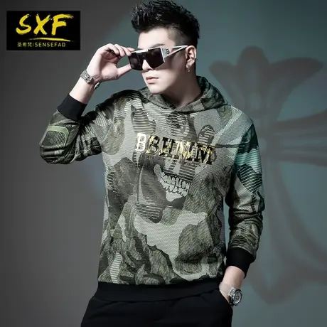SXF圣希梵卫衣男秋季 潮牌连帽上衣迷彩提花帽衫2021新款男士外套图片