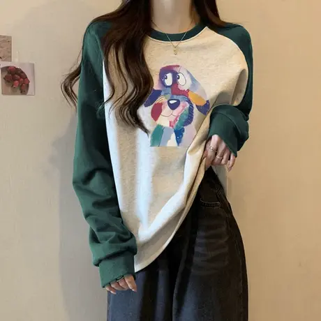 秋冬加绒加厚外穿打底衫女韩版撞色插肩袖上衣内搭宽松长袖T恤潮图片