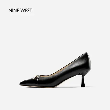 Nine West/玖熙衔扣浅口尖头高跟鞋女2024春季新款真皮复古单鞋女商品大图