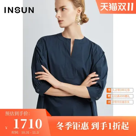 恩裳初春秋潮流打揽袖口休闲舒适棉质衬衫连衣裙女图片