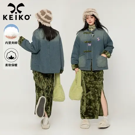 [夹棉加厚] 新中式改良牛仔外套棉服2023秋冬设计感蝴蝶刺绣夹克商品大图