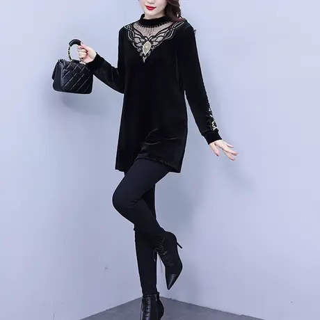 金丝绒绣花加绒加厚中长款女上衣2023冬新款大码胖MM显瘦遮肉小衫商品大图