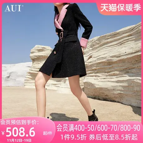 AUI黑色御姐小香风修身外套女2023冬新款职业气质中长款西装大衣商品大图