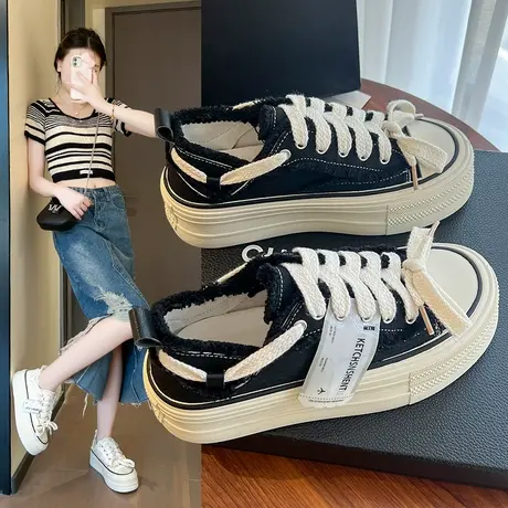 小香风帆布鞋子女夏款厚底小白鞋爆款2023新款配裙子增高休闲板鞋商品大图