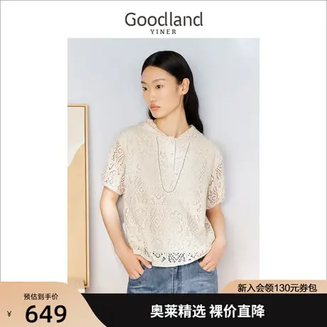 音儿美地女装2023夏季新款时尚蕾丝连帽泡泡袖上衣短袖T恤商品大图