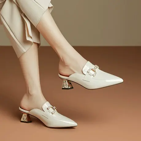 欧美风奢华水钻扣包头凉拖女独特锥形跟里外全皮透气不闷脚懒人拖商品大图