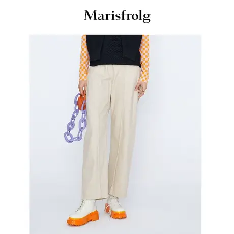 【休闲牛仔】玛丝菲尔秋冬新款米黄色百搭直筒水洗牛仔休闲裤图片