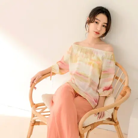 桔熊夏季渲染印花雪纺衫宽松飘逸泡泡袖上衣少女大码AB13303图片