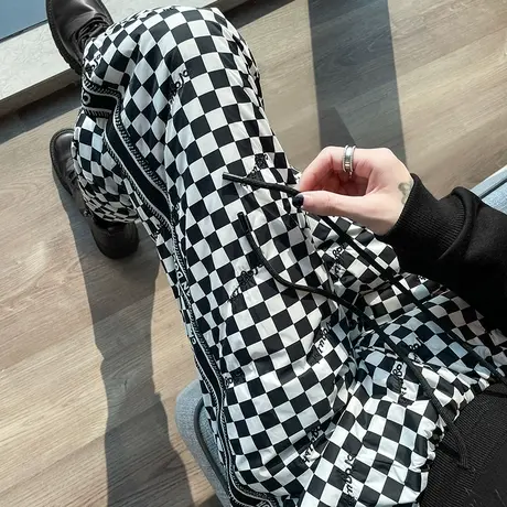 羽绒棉裤女外穿加厚束脚裤2024年冬季新款时尚黑白格子保暖运动裤商品大图