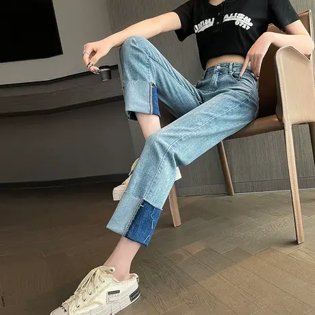 撞色直筒牛仔裤女春秋新款高腰显瘦九分梨形身材小个子烟管法棍裤商品大图