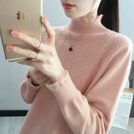 2023春秋新款韩版宽松半高领蕾丝长袖针织衫打底女士毛衣套头内搭图片