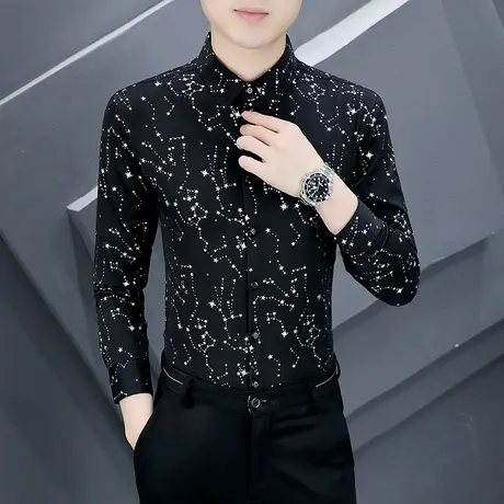 设计感烫金印花潮牌长袖衬衫男士韩版修身个性帅气衬衣春秋季男装商品大图
