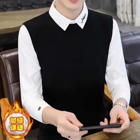 男士秋冬季假两件衬衫领刺绣毛衣商务休闲带领加绒加厚线衣打底衫图片