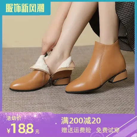 尖头单鞋女2023时尚大码女靴41一43冬季新款加绒中跟显瘦真皮短靴商品大图