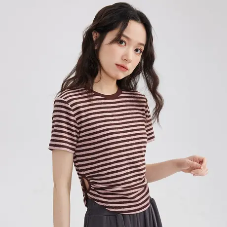 尔给美式复古正肩条纹短袖t恤女夏季新款修身显瘦短款上衣小个子商品大图